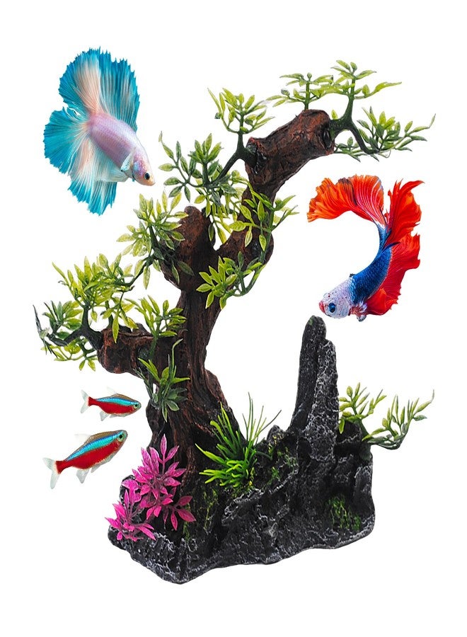 MUYG Aquarium Bonsai Tree Decor,Fish Tank Decorations Resin Rock View with Artificial Plants Accessories Betta Goldfish Ornaments Freshwater Saltwater Décor for Small Fish Shrimp - Image 1